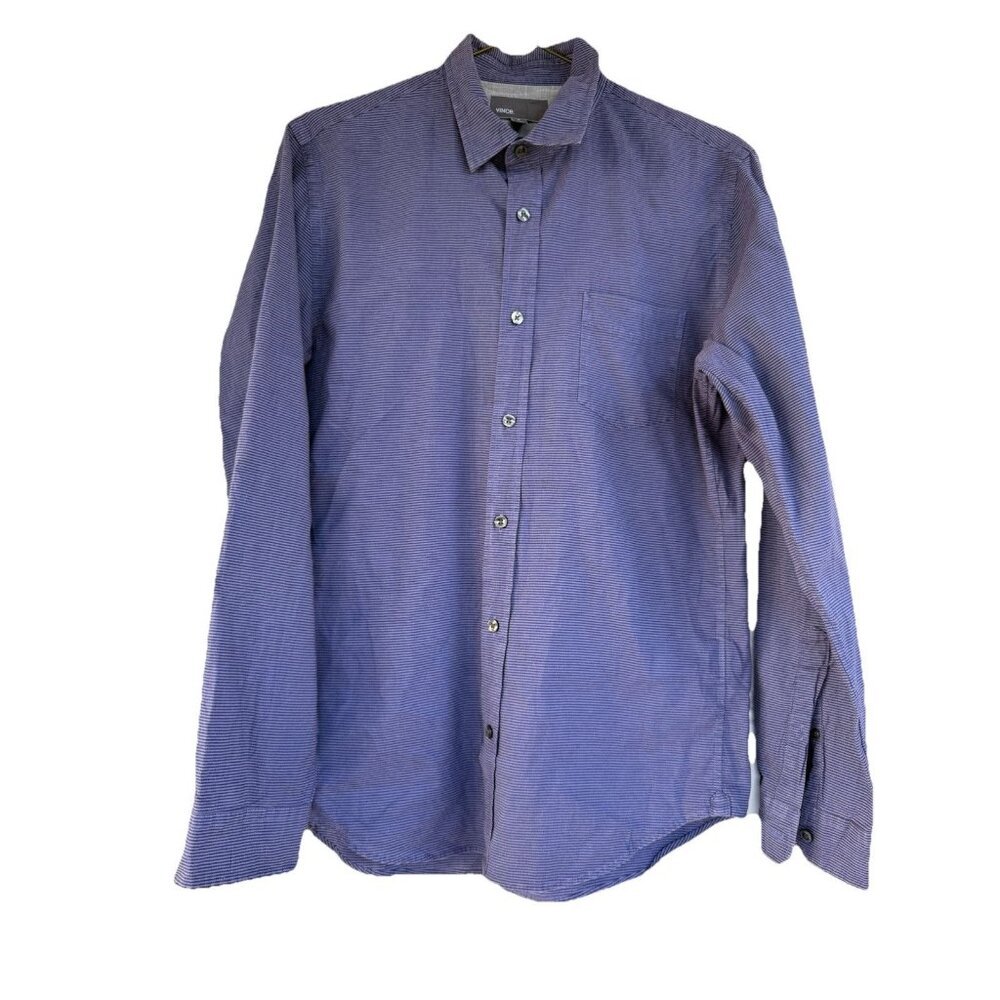 Vince Men Button Up Shirt Medium Quiet‎ Luxury Blue Tones Linen Cotton Stripes